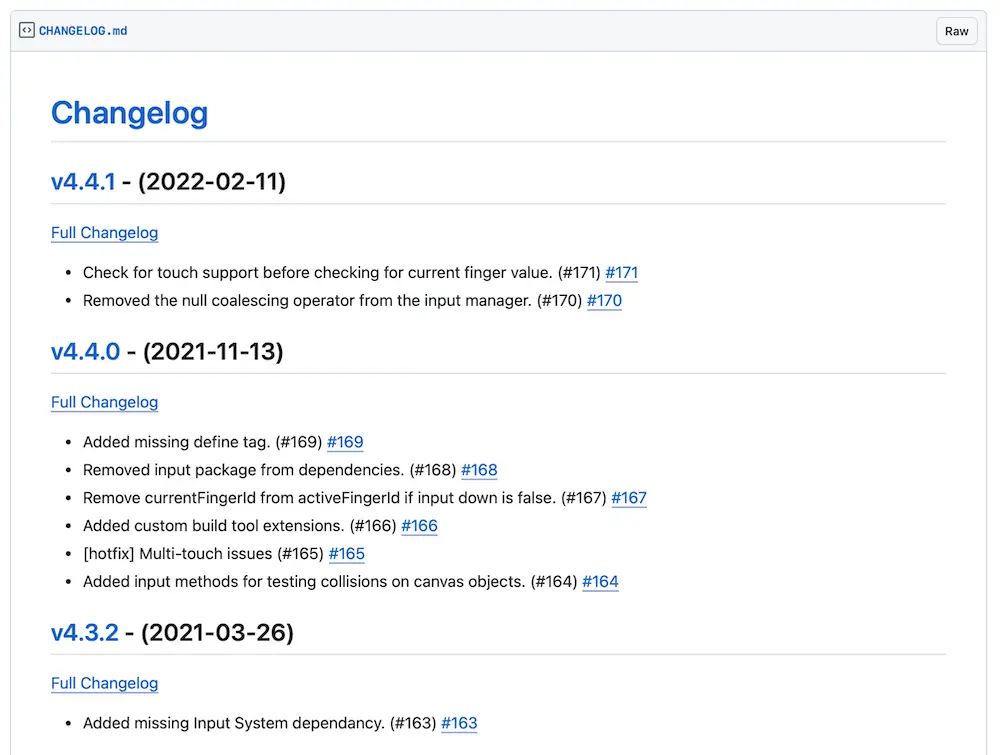 Screenshot of a CHANGELOG.md file generated by generate-local-changelog.