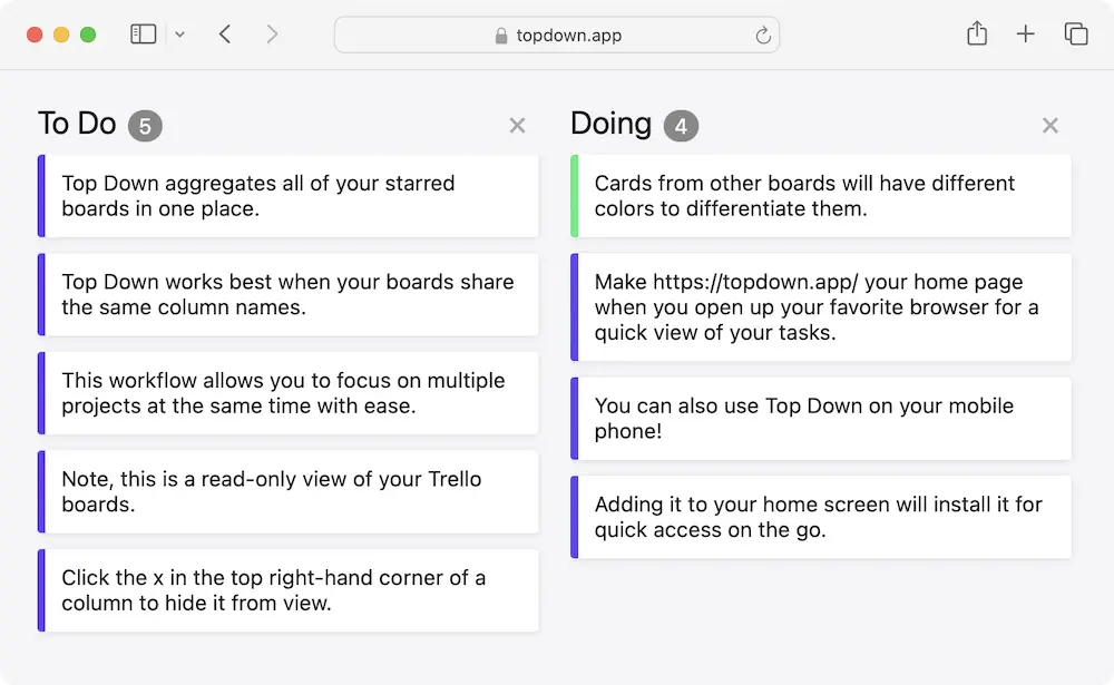 A demo showing two Trello boards combined into one board.